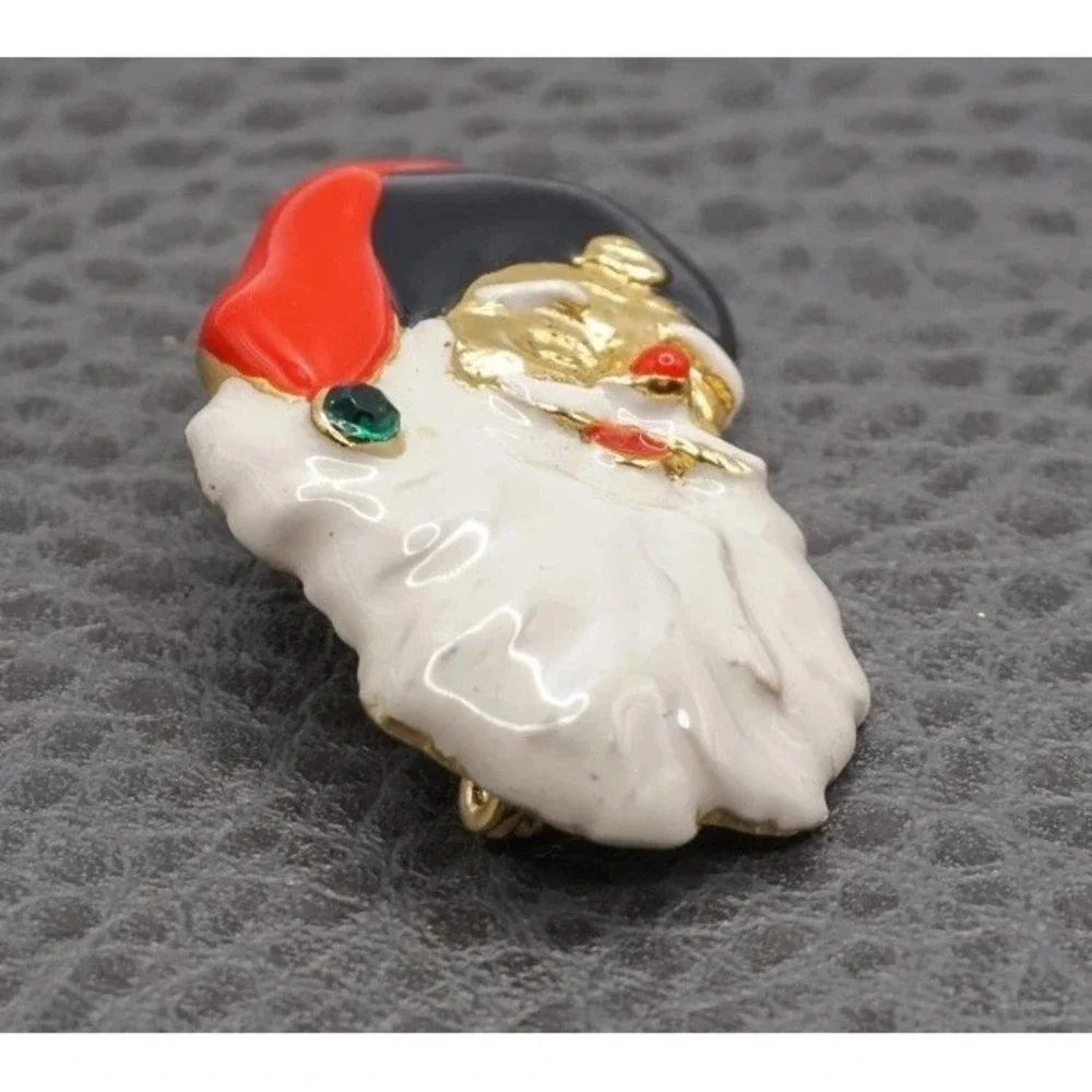 Vintage Santa Claus Brooch Enamel Red Green Gold Tone